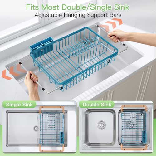 Blue Dish Drying Rack Over the Sink with Utensil Holder
