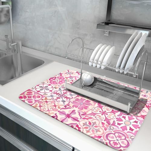 Pink Mexican Tiles Dish Drying Mat Absorbent Microfiber Dish Drying Pad for Kitchen Multi