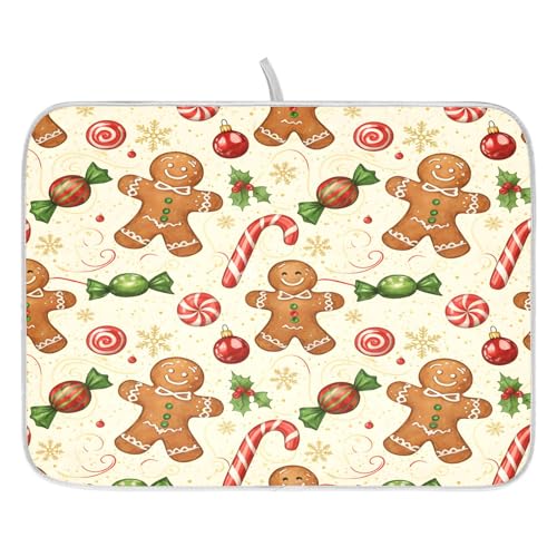 Christmas Gingerbread Cookie Man Sugar Dish Drying Mat for Kitchen Counter Absorbent Microfiber Large Drying Pad Dish Mats for Kitchen Countertops 18 x 24 Inch
