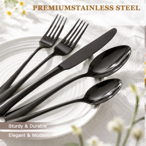 24 Piece Black Silverware Set with Steak Knives Flatware Set for 4 Food (24 Count)