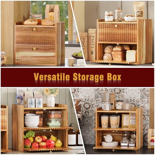 Acacia Bread Box for Kitchen Countertop Wood Bread Storage Container Bin Double Layer BreadBox Farmhouse Large Capacity Food Organizer