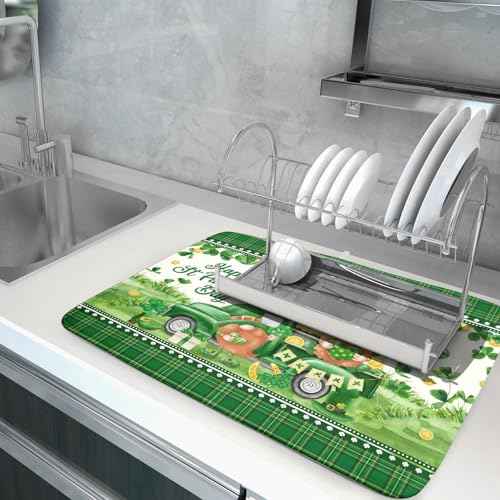 Shamrock Truck Dish Drying Mat Buffalo Check Dish Drainer Mat 18x24 inch Reversible Microfiber Quick Dry Rack Pad for Kitchen Counter Sink