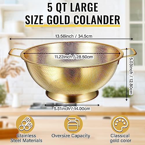 5 Quart Gold Colander and 3 Metal Fine Mesh Strainer Set