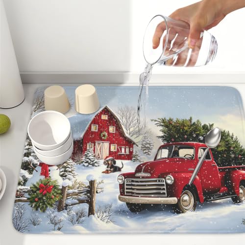 Red Truck Dish Drying Mat Winter Xmas Tree Drainer Rack Pad 18"x24" Microfiber Absorbent Quick Dry Dish Sink Mat for Table Kitchen Counter