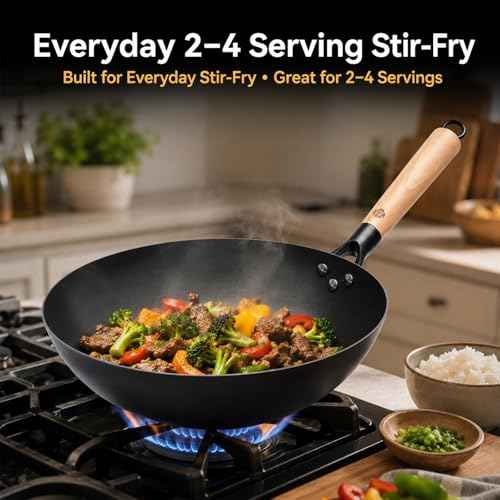 12.6 Inch Carbon Steel Wok Pan with Glass Lid and Spatula