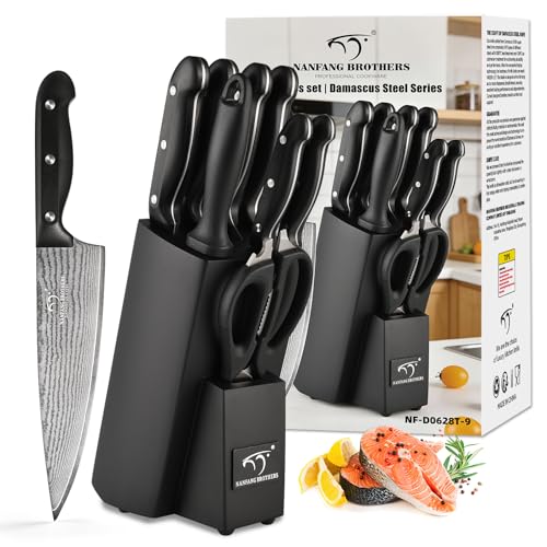 9 Piece Japanese Damascus Kitchen Knife Set with Block (9 Count)