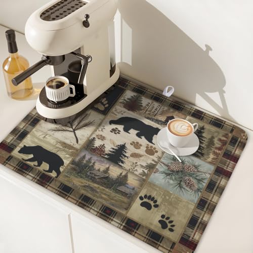 Black Bear Dish Drying Mat Forest Cabin Decorative Dishes Pad 18x24 Inch Absorbent Fast Dry Dish Drainer Rack Mats for Kitchen Counter Sink