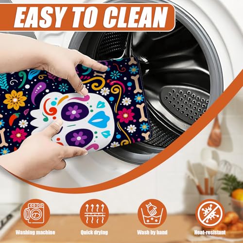 Sugar Skull Dish Drying Mat for Kitchen Counter Microfiber Absorbent Dish Day of the Dead Kitchen Drying Mat Draining Reusable Washable for Dishes