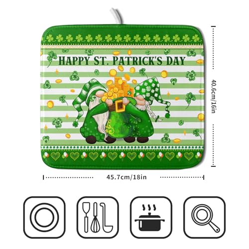Shamrock Gnome Dish Drying Mat Coin Clover Dishes Fast Dry Mat 16x18 inch Absorbent Microfiber Dishware Drainer Pad for Kitchen Counter Sink