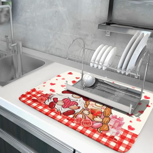Love Gnome Dish Drying Mat 18"x24" Red Heart Microfiber Dish Drainer Rack Mat Holiday Absorbent Dishes Pad for Kitchen Counter Sink Decor