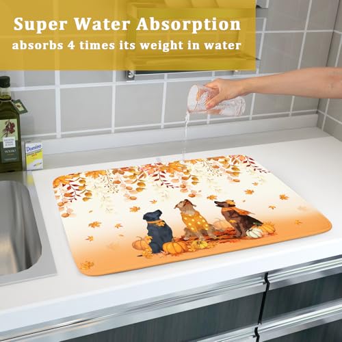 Fall Dogs Dish Drying Mat Autumn Leaves Reusable Dishes Pad 18"x24" Holiday Microfiber Quick Dry Dish Drainer Rack Mat for Kitchen Counter