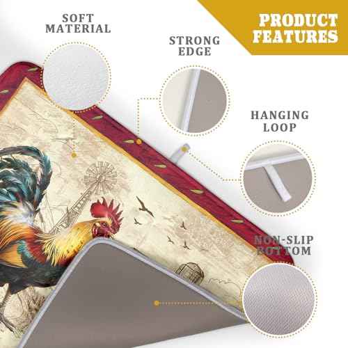 Farm Rooster Dish Drying Mat for Countertop 18x24 Inches Red Rustic Chicken Absorbent Microfiber Dry Dishes Pads Kitchen Counter Accessories