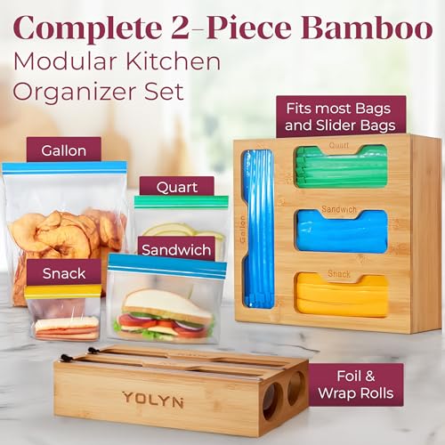 Bamboo Food Storage Bag Organizer for Drawer with Foil & Plastic Wrap Dispenser