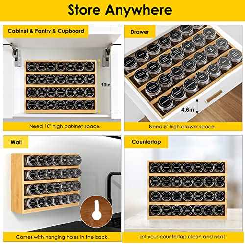 Bamboo Spice Rack Organizer With 28 Glass Spice Jars 4 oz (28 Count)