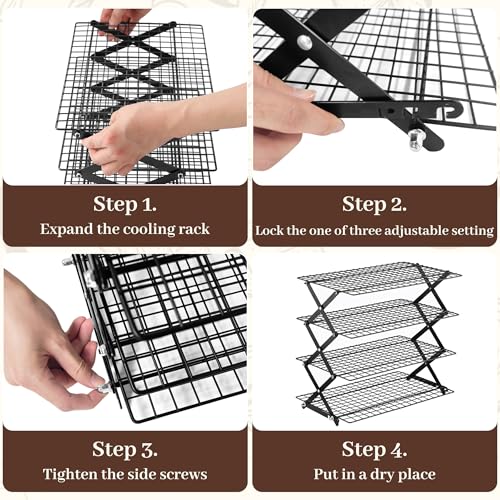 2/3/4-Tier Collapsible Cooling Rack - 3 Setting Design, Adjustable ＆ Stackable Baking Rack, 5 Modes Cooling Racks for Cooking and Baking, Roasting ＆ Grilling Gifts for Picnic Party