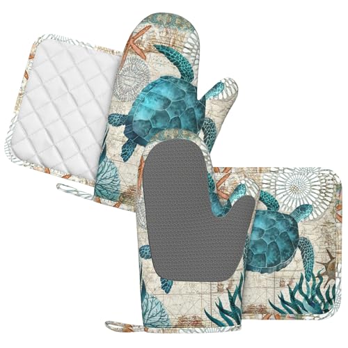 Sea Turtle Ocean Animal Landscape Oven Mitts and Pot Holders Sets Silicone Sea Turtle Kitchen Mitts Potholders Heat Resistant 4Pcs Oven Gloves Hot Pads for Kitchen Grilling (4 Count)