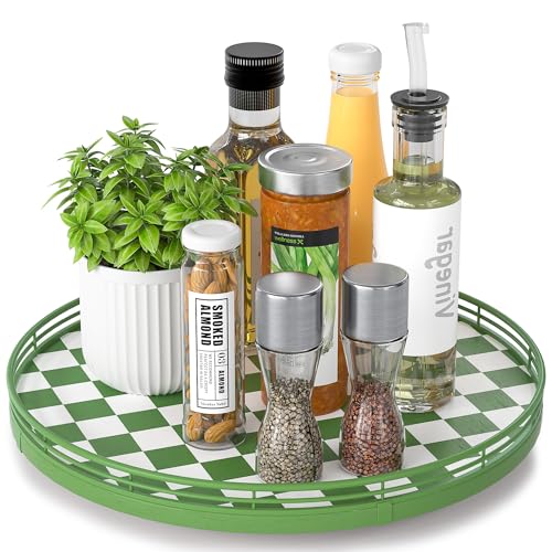 13 Inch Green and White Checkerboard Lazy Susan with Rubberwood Base