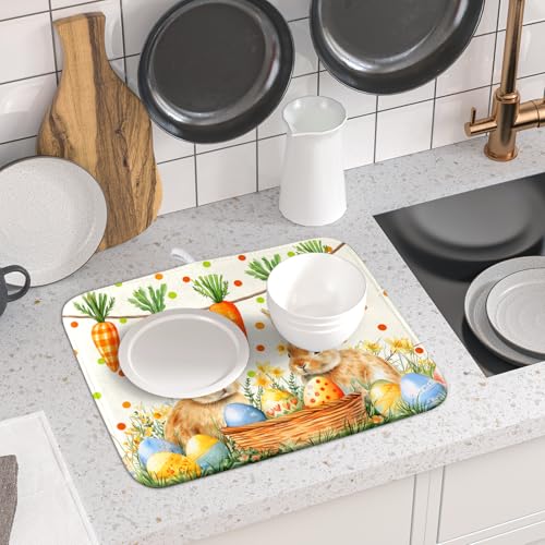 Easter Bunny Dish Drying Mat Eggs Carrot Dishes Drainer Pad Absorbent Reversible Dish Rack Mat Protector for Kitchen Countertop 16x18 Inch