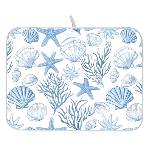 Nautical Coastal Dish Drying Mat for Kitchen Counter Absorbent Microfiber Large Summer Ocean Themed Seashell Coral Starfish Drying Pad Dish Mats for Kitchen Countertops 18 x 24 Inch