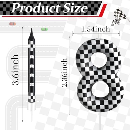 13 Pcs Racing Cars Themed Birthday Candles Black and White Race Number 8 Checkered Candle Cake Topper for Racing Car Party Decoration Supplies (13 Count)