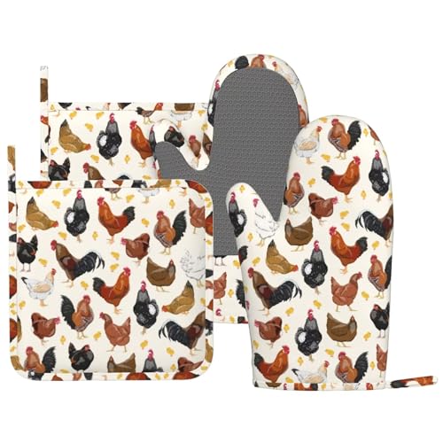 Rooster Hen Oven Mitts and Pot Holders Sets Silicone Rustic Domestic Animal Chicken Kitchen Mitts Potholders Heat Resistant 4Pcs Oven Gloves Hot Pads for Kitchen Baking Cooking BBQ Grilling (4 Count)