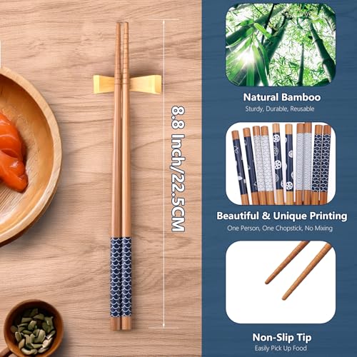 5 Pairs Bamboo Chopsticks Reusable Chop Sticks Japanese Style Bamboo Chopstick with Black Box Lightweight 8.8 Inch