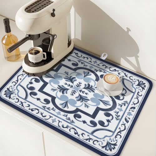 Navy Flower Dish Drying Mat Modern Boho Microfiber Dishes Drainer Pad 18x24 Inch Absorbent Fast Dry Dish Rack Mat for Kitchen Counter Sink