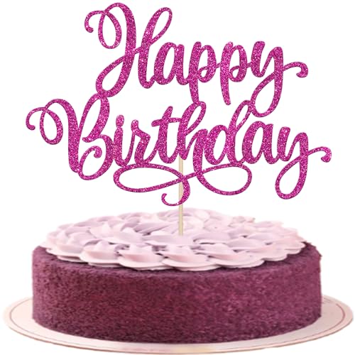 1 PCS Happy Birthday Cake Topper Glitter Happy Birthday Cake Pick for Celebrating Happy Anniversary Party Cake Decorations Supplies Rose Red