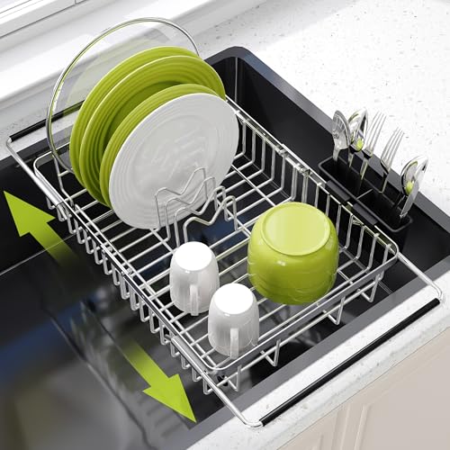 Expandable Dish Drying Rack Over the Sink with Utensil Holder