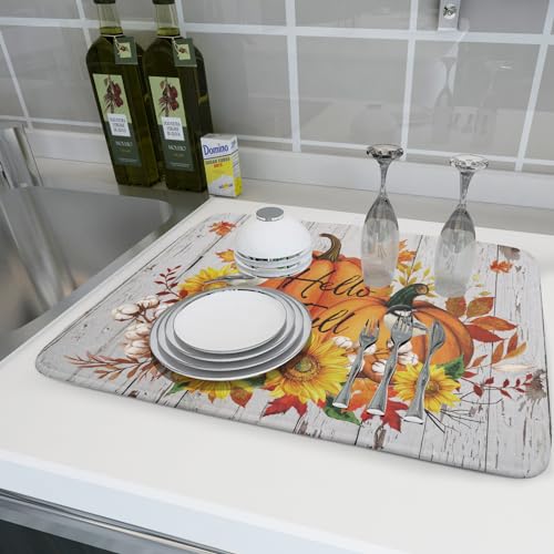 Hello Fall Dish Drying Mat for Kitchen Counter 18x24 Inch Orange Pumpkin Absorbent Drying Pad with Hanging Loop Autumn Home Decoration