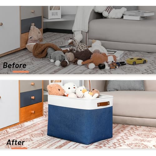 Large Storage Baskets with Leather Handles for Linen Closet and Home Office (3 Count)