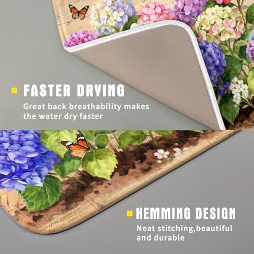 Vintage Hydrangea Dish Drying Mat Watercolor Floral Microfiber Absorbent Dish Drying Pad for Kitchen Counter Small