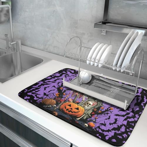 Halloween Pumpkin Dish Drying Mat 18x24 inch Spooky Ghost Bat Dish Rack Mats Microfiber Draining Pad Fast Dry Holiday Kitchen Accessories