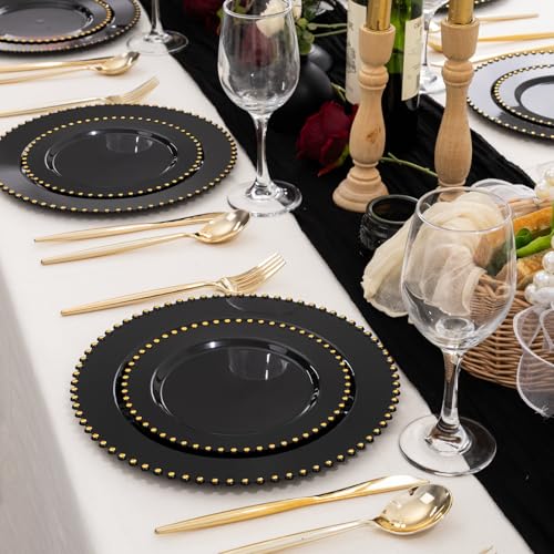 100pcs Black Plastic Plates with Gold Beads for Wedding Party (100 Count)