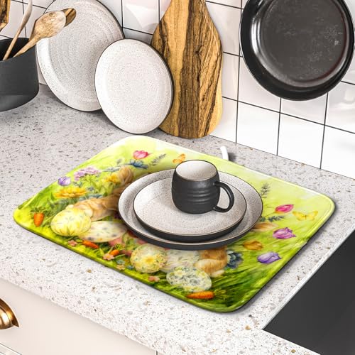 Easter Dish Drying Mat for Kitchen Counter Spring Bunny Microfiber Countertop Mat Small