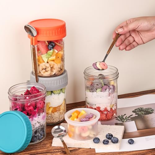 6 Pack Overnight Oats Containers with Lids and Spoons (6 Count)