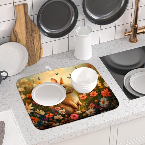 Easter Bunny Dish Drying Mat Flower Butterfly Kitchen Drainer Mat 16x18 inch Absorbent Reversible Dish Rack Pad for Counter Tabletop Decor