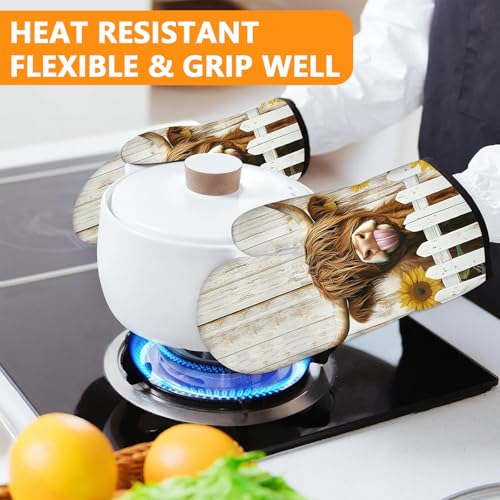 Sunflower Highland Cow Oven Mitts and Pot Holders Sets 4Pcs