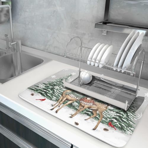 Winter Deer Dish Drying Mat Pine Tree Absorbent Dish Dry Pad Seasonal Microfiber Dish Drainer Mats for Kitchen Counter Coffee Bar 18x24 in
