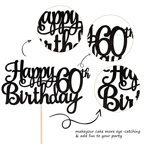 1 PCS Happy 60th Birthday Cake Topper Glitter Cheers to 60 Years Birthday Cake Pick 60 Fabulous Cake Decoration for Happy 60th Birthday Anniversary Party Decorations Supplies Black