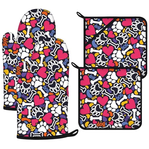 Paw Prints Oven Mitts and Bones Hearts Pot Holders Sets 4Pcs