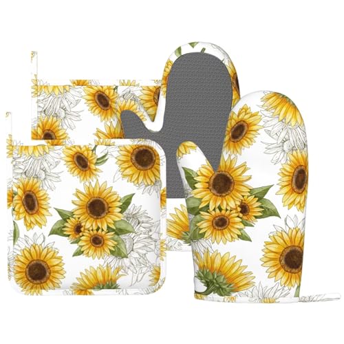 Yellow Sunflower Oven Mitts Pot Holders Set Silicone Heat Resistant Sunflowers Oven Mitts and Hot Pads Yellow Flowers Potholders Non