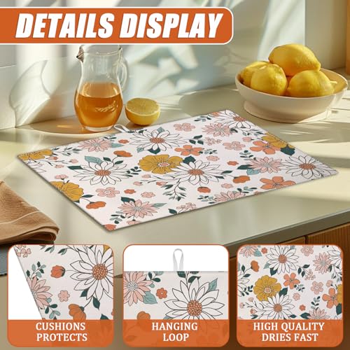 Boho Flower Dish Drying Mat for Kitchen Counter Microfiber Absorbent Dish Kitchen Drying Mat Draining Reusable Washable for Dishes