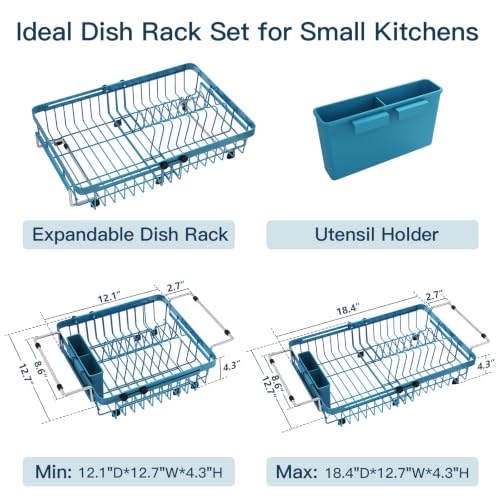 Blue Expandable Dish Drying Rack Over The Sink with Anti Slip Grip