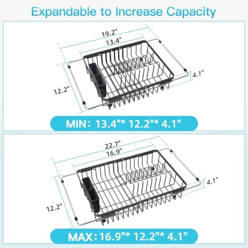 Gray Dish Drying Rack Over the Sink with Utensil Holder