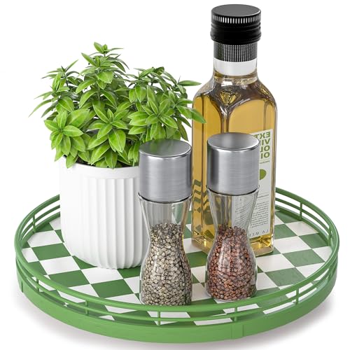 Green and White Checkerboard Lazy Susan with Rubberwood Base and Metal Rail