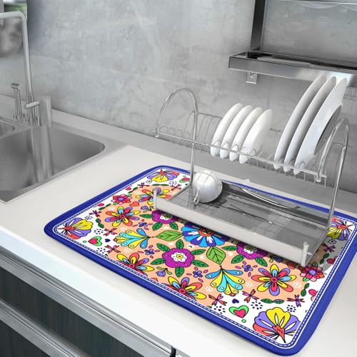 Mexican Talavera Dish Drying Mat Navy Blue Large Microfiber Dish Drain Pad for Kitchen Decor 18 x 24 In