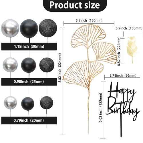 57Pcs Balls Cake Topper Boho Grass Cake topper Pearl Balls Acrylic Happy Birthday Cake Decorations for Wedding Baby Shower Birthday Boho Themed Party Supplies Black Silver (57 Count)