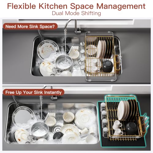 Gold Dish Drying Rack in Sink with Mat