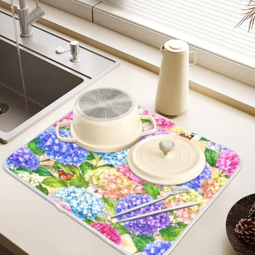Hydrangea Flowers with Butterfly Dish Drying Mat for Kitchen Counter Absorbent Microfiber Large Drying Pad Dish mats for Kitchen Countertops 18 x 24 Inch